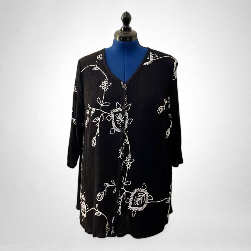 CATHERINES Black Gauze Blouse with White Embroidery! Size 1X